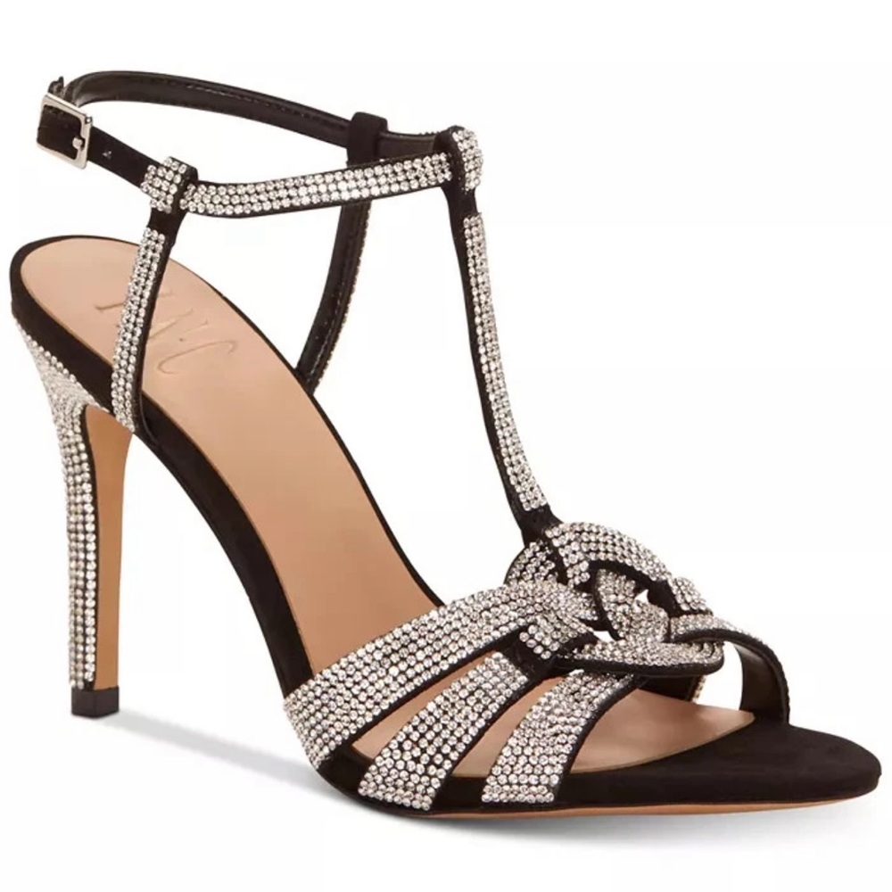 INC International Concepts Black Rhinestone T-Strap Heels Open Toe Sandals, 6.5